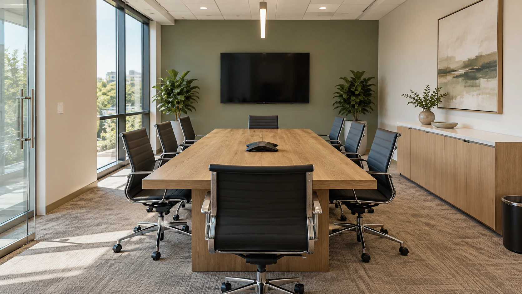 Commercial meeting room with table, chairs, door controls and storage
