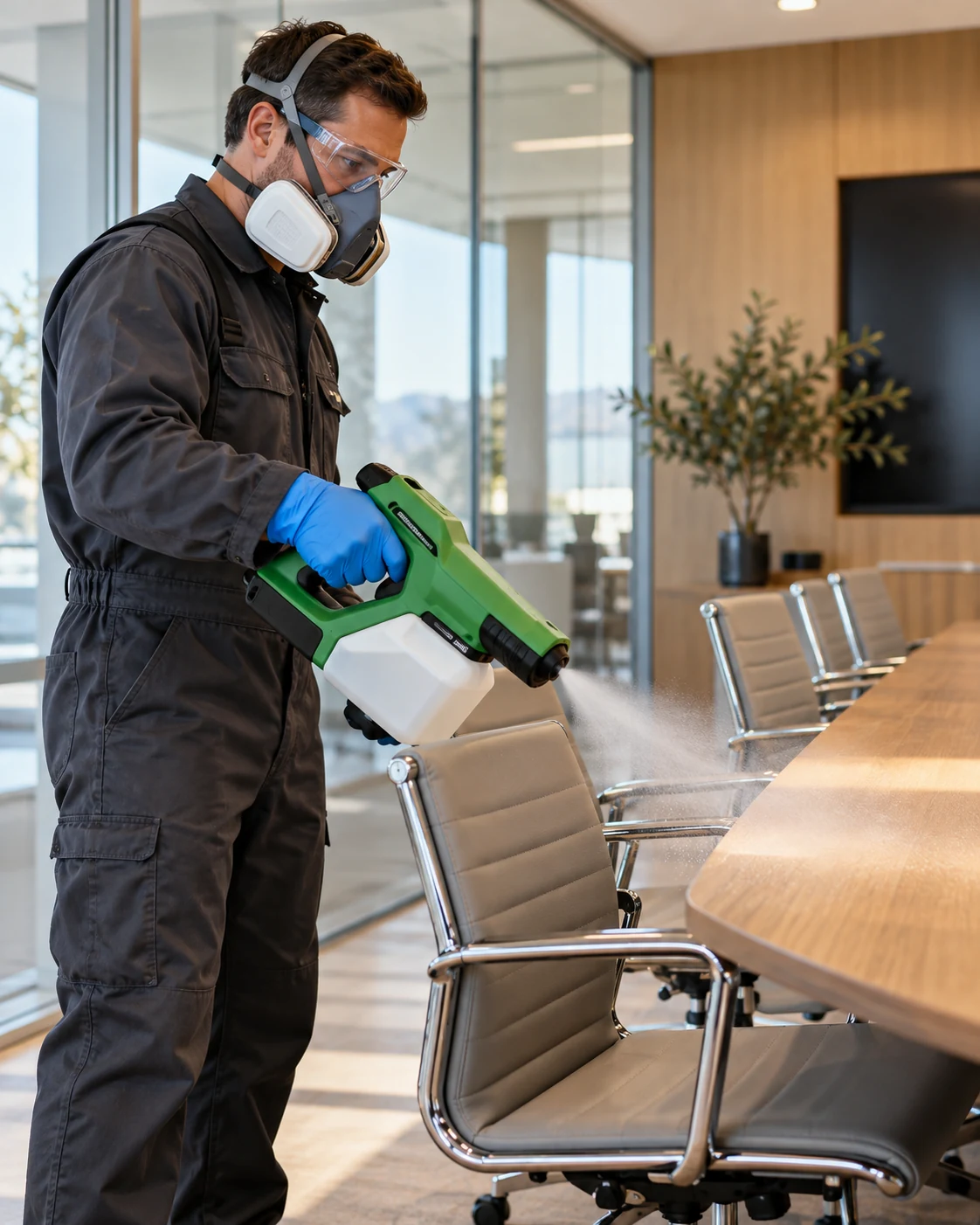 Technician applying electrostatic disinfectant to shared meeting-room surfaces