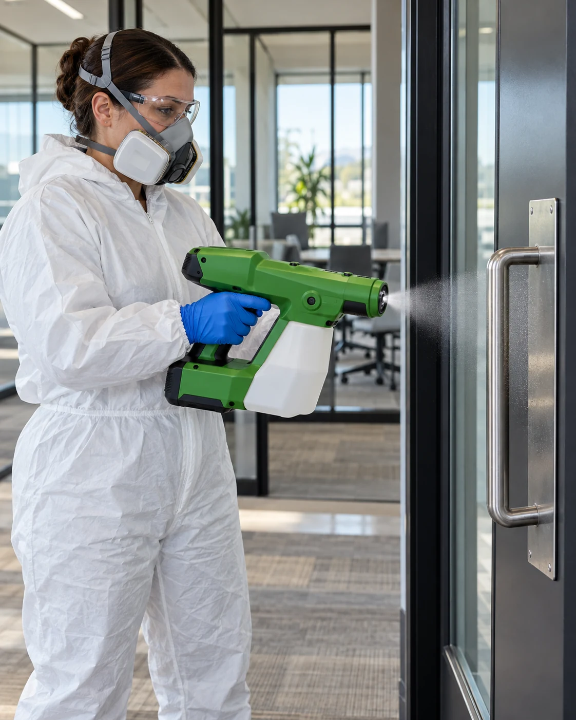 Electrostatic application targets agreed touchpoints using a disinfectant and method suited to the surface.